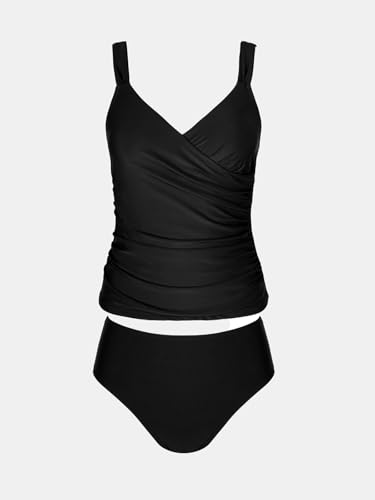 CUPSHE Women's Tankini Sets Surplice V Neck Two Piece Bathing Suits Adjustable Straps Shirred Mid Rise Swimwear4