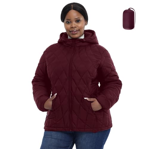 HHE Chaqueta acolchada plegable para mujer, de manga larga, resistente al agua, ligera, abrigo de invierno (exclusivo para tallas grandes), Rojo vino, 5X