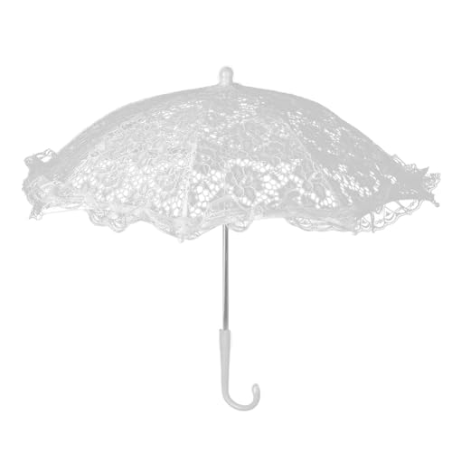 Msiud Weißer Vintage Spitzenschirm, 42x49cm Spitzen Stickerei Regenschirm J Griff Hochzeit Sonnenschirm Weiß Blumen Handwerks Hochzeitsschirm für Feier Fotografie Prop Brautpartei