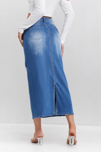 Women's High Waisted Long Denim Skirt with Back Slit Distressed Holes Stretch Whisker Wash4