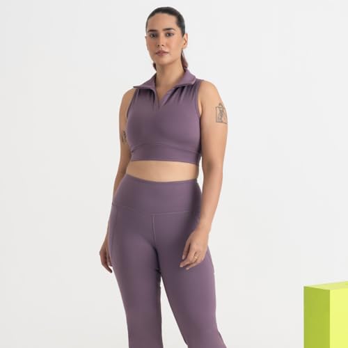 Image of HUNNIT 2 in 1 Sports Bra Crop Top - women's Polo Neck and Racerback styles with Medium Coverage, Lightly Padded, Stretchy Sports Bra perfect for Gym Workout and Sweat Wicking Fabric