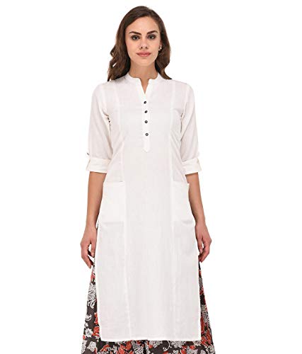 Image of Pistaa's Women's Cotton Relaxed Fit Straight Solid Kurta With Two Patch Pockets