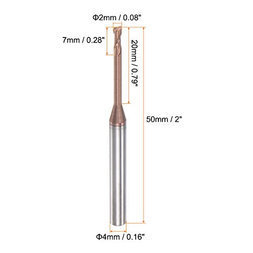Image of HARFINGTON Square Nose End Mill 4mm Shank 2mm x 20mm Titanium Coated Solid Carbide Long Reach Extended Neck 2 Flutes CNC Router Bit Milling Cutter for Stainless Steel Alloy Hardened Steel
