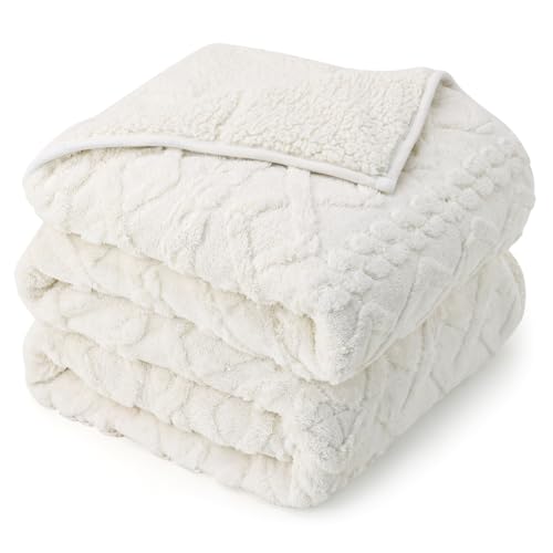Image of Drewin Weighted Blanket 15lbs Queen Size, Soft and Thick Jacquard Sherpa Throw Blanket for Calm and Relax, Dual Sided Ultra Cozy Fluffy Heavy Blankets with Ceramic Beads, 60 x 80 inches, Cream White