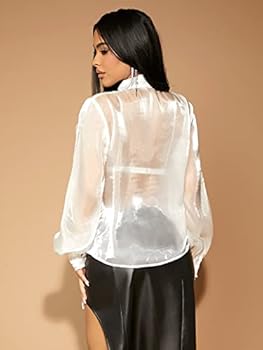 SHEIN SXY Tie Neck Lantern Sleeve Organza Blouse Without Bra