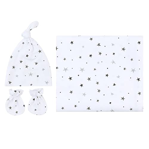 Jersey Cotton Spandex Swaddle Blankets, Receiving Swaddling Blanket 40"X40" With Knot Hat With 2 Mittens Set For Baby Boy Or Girl - Grey Stars #TOP3