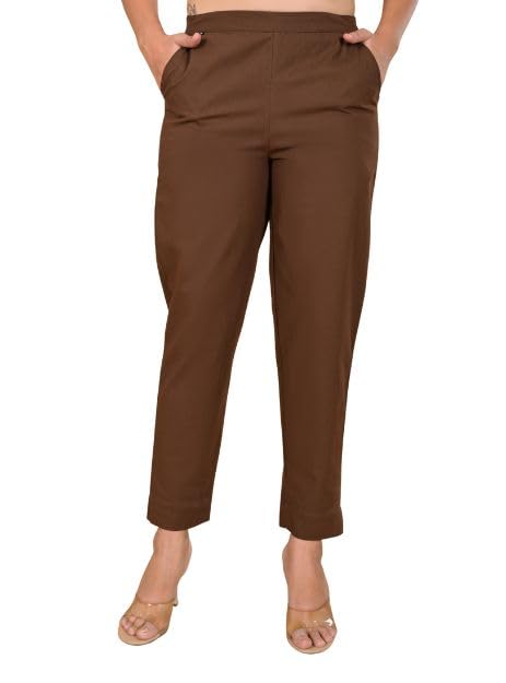 Image of D K W Women's Mid Rise Relaxed Fit Cotton Flex Trousers with Elastic Back & Drawstring - Ideal for Winter, Formal, Office & Casual Wear, Comfortable for Girls and Women