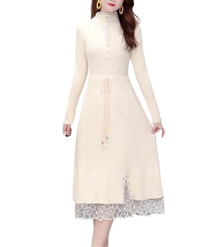 Women's Fleece Knit Sweater Dress Half Turtleneck Pullover Lace Midi