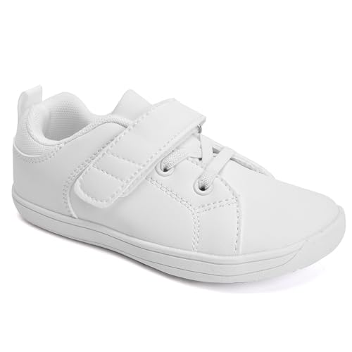 WateLves Toddler Little Kid Wide Barefoot The First Walking Shoes Girls Boys Leather Uniform Dress Shoes Lightweight Splay Naturally Minimalist Sneakers (White, 25)