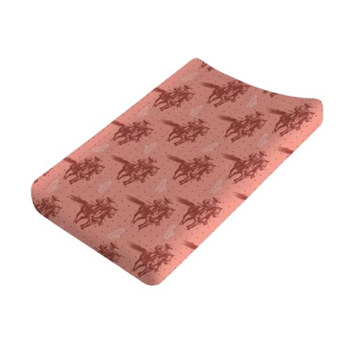 Image of Pink Western Cowboy Cactus Baby Changing Pad Covers Vintage Cowboy Horse Changing Table Sheets for Boy Girl Retro West Plants Soft Breathable Stretch Diaper Change Table Pad Mats Covers 32''x16''