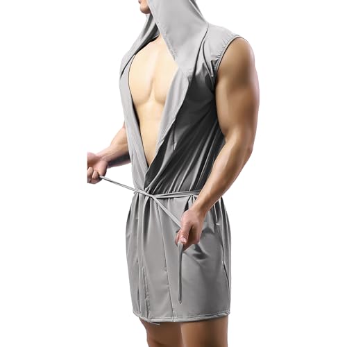 PURFUN Mens Sexy Hooded Sleeveless Robe Bathrobe Summer Shower Spa Beach Body Cover Up Sleepwear Lingerie Housecoat Nightgown