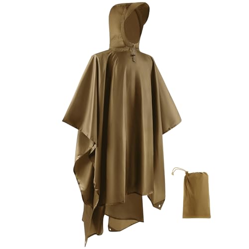 Opret Wasserdicht Regenponcho Damen Herren, Leicht Atmungsaktiv Regencape 3-in-1-Multifunktional Regenmantel Regenschutz Regen Poncho für Wandern und Camping-Khaki