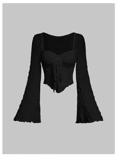 SOLY HUX Women’s Long Bell Sleeve Tops Mesh Sweetheart Neck Going Out Crop Top Casual Asymmetrical T Shirts Tees