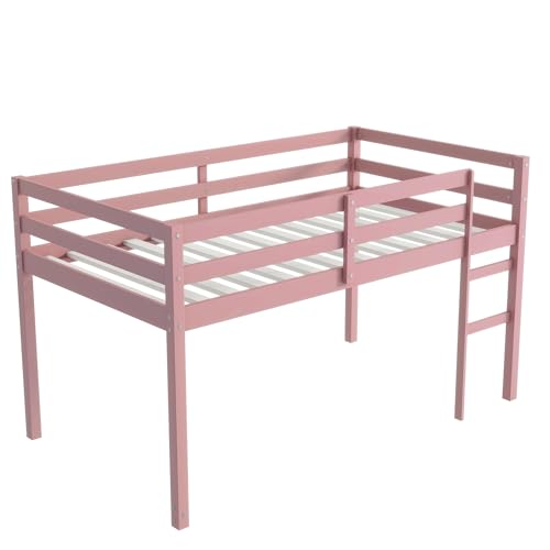 Bellemave Twin Size Low Loft Bed,Kids Loft Bed with Ladder,Solid Wood Low Loft Bed Twin Size for Girls Boys,Pink