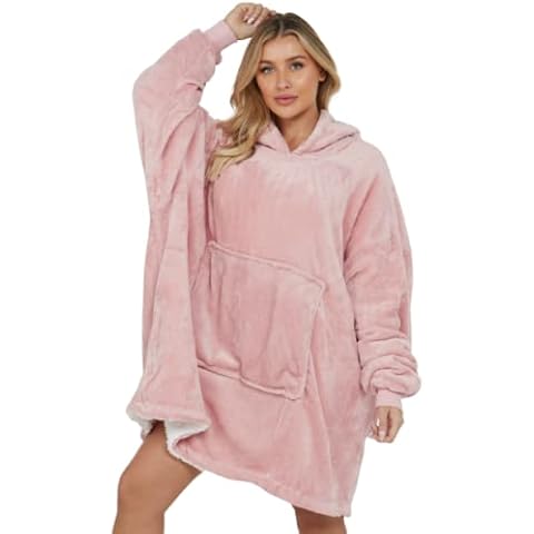 Blanket Hoodie for Adults, Oversized Fluffy Fleece Plush Cosy Hoodies Blanket Sweatshirt with Big Pocket, Pink Cover