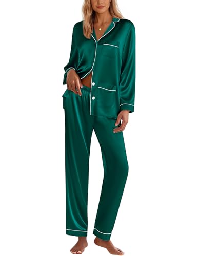 Image of Ekouaer Pajamas for Women Silk Satin Button Down Long Sleeve Pajama Sets