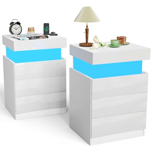 Ysgwsg Comodino Set di 2, Con Stazione di Ricarica, Comodino Camera da Letto con LED, 3 Cassetti e Armadietti Scorrevoli Nascosti, Per Arredamento Camera da Letto. (Bianco-Set di 2, 67x40x45 cm)