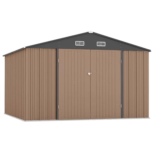 Zstar 12 x 10 FT Outdoor Storage Shed, Metal Steel Utility Tool Shed with Updated Frame Structure & Lockable Double Door, Waterproof Garden Steel for Backyard, Garden, Patio, Brown