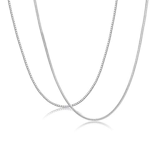 Fansilver 2Pcs Sterling Silver 1mm Chain Necklaces for Women Men Box Chain Necklace Snake Chain Necklace Lobster Claw Clasp Solid Round Flexible Italian Chain Necklace 16/18/20/22 Inch