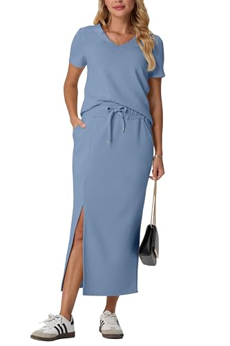 Image of GRECERELLE Women Summer Casual 2 Piece Sets V-Neck Wrinkle-Free Top & Elastic Waist Midi Side Slit Skirt with Pockets