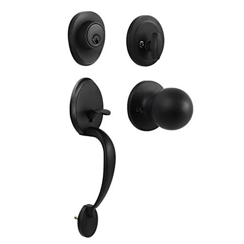 Front Door Handle Matte Black with Keys, Keyed Exterior Entry Door Lock Handle Set, Traditional Heavy Duty Single Cylinder HandleSet with Deadbolt and Knob, Reversible for Right & Left Handed