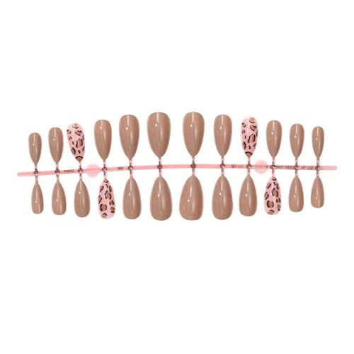 Image of Fall Press on Nails Leopard Print Fake Nails Pure Color False Nail Glossy Full Cover Glue on Nails Reusable Artificial Acrylic Stick on Nail for Women Girls Manicure 24Pcs