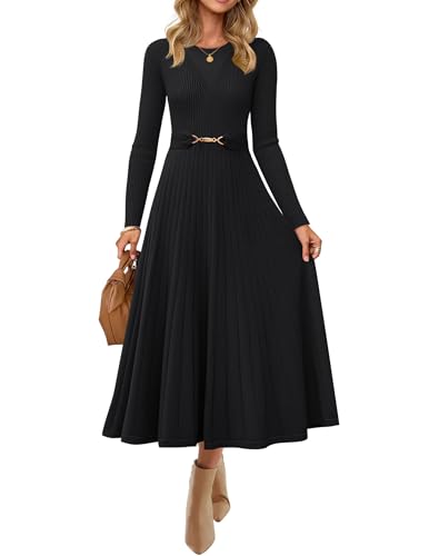 ZESICA Women's Long Sleeve Midi Sweater Dress 2026 Fall Crewneck Knit A Line Pleated Flowy Long Dresses with Belt,Black,Large