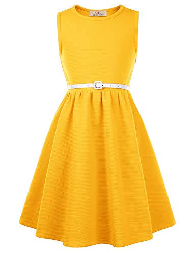 Grace Karin Girls Retro Sleeveless Floral Printed Swing Dresses With Belt Yellow #TOP6