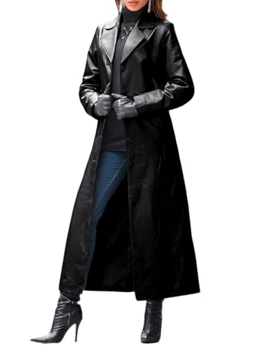 utcoco Womens Faux Leather Trench Coat Classic Lapel Button Down Maxi Jacket 2025 Stylish Overcoat (Large, Black)