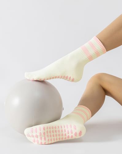 Image of Yawlsow Cute Pilates Grip Socks for Women Ruffle Frilly Yoga Socks Non Slip Cotton Crew Grippy Sock for Barre Workout