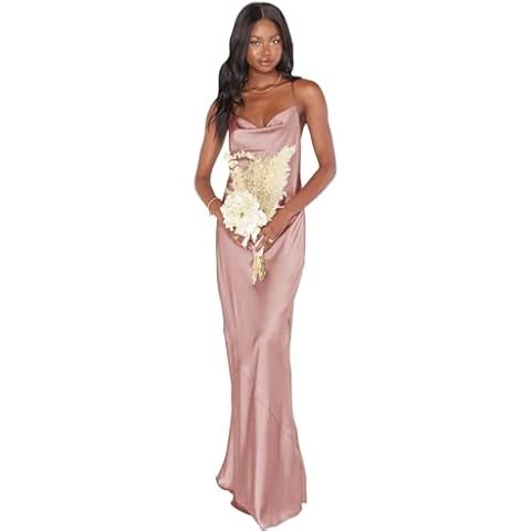 Xijun Dusty Rose Satin Bridesmaid Dresses Long Women's Wedding Party Dress Spaghetti Straps Backless Cowl Neck Prom Gowns Size 4 Cover