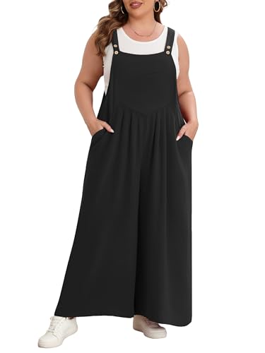 Lastshe Plus Size Jumpsuit for Women Casual Wide Leg Overalls Loose fit Adjustable Rompers with Pockets 2026,Black,3X