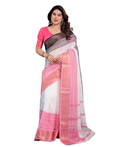 Image of ALMAARI FASHION Handloom Cotton Linen Saree for Women with Floral Printed Design and Tassel Pallu, Traditional Ethnic Lightweight Saree for Daily Office Festive with Blouse Piece