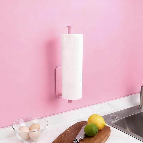 Image of Pink Paper Towel Holder - Self Adhesive Paper Towels Roll Holders Under Cabinet, SUS304 Stainless Steel Wall Mount Towel Holder for Kitchen, Pantry, Sink, Bathroom