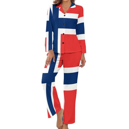 Pyjama à manches longues pour femme avec boutonnière et motif imprimé drapeau norvégien