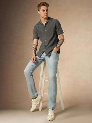Image of Dennis Lingo Men's Half Sleeve Cuban Collar Solid Textured Relaxed Fit Casual Shirt
