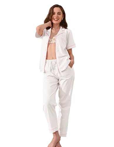 Image of NAP BOUND 100% Cotton Women's Pajama Sets Short Sleeve Button Down Soft Pjs 2 Piece Lounge Set with Pocket Nightwear XS-XXL