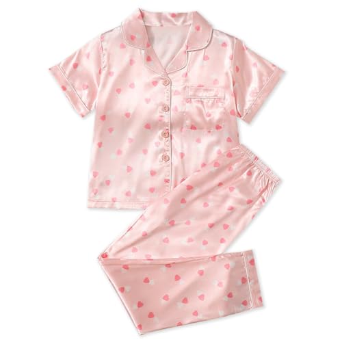 Umeyda Girls' 2-Piece Short Sleeve Satin Pajamas Set, 6-12 Years