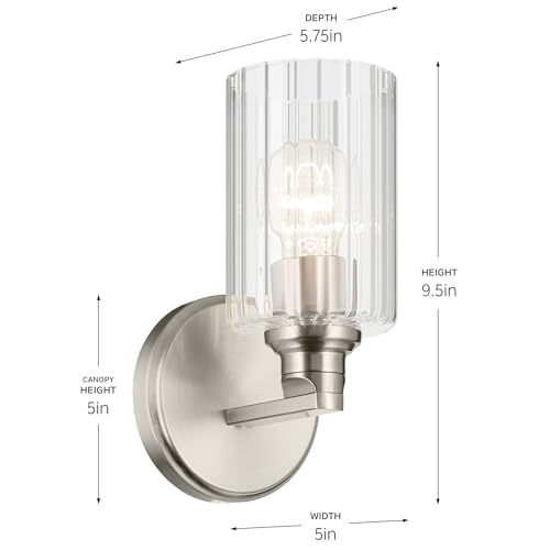 Image of Kichler Gioe 5 inch 1-Light Wall Sconce with Clear Fluted Glass in Brushed Nickel, Damp Rated, for Powder Room, Kitchen, Hallway, Bedroom, Fireplace, (5 inch W x 9.5 inch H), 55224NIFLU
