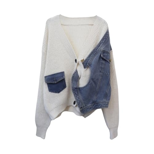 Image of ebossy Womens Spliced Denim Knit Cardigan Trendy Open Front Button Up Oversized Loose Sweater Coat with Pockets (One Size, Beige)