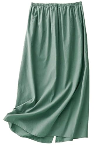 Mywinway Cotton Linen Skirt for Women Spring Summer A Line Elastic High Waisted Causal Long Midi Skirt with Slit