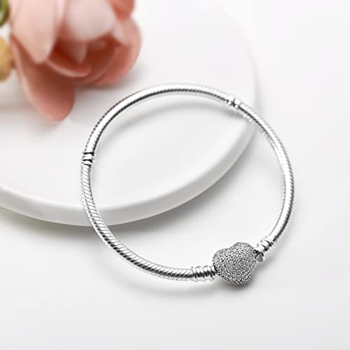 Gxlilp Jewelry Sparkling Heart Clasp Snake Chain Cubic Zirconia Bracelet In Sterling Silver For Pandora Charms-7.1In #TOP5