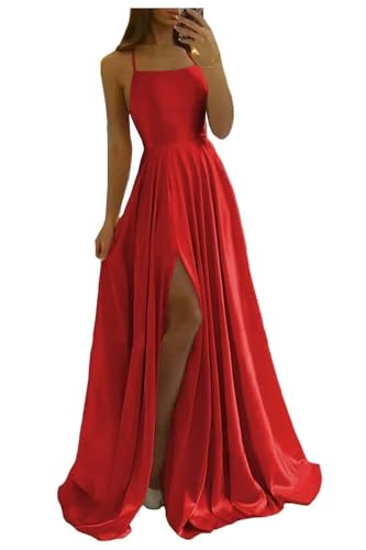 Image of Women Long Formal Dress Solid Satin Spaghetti Straps A Line Evening Cocktail Dresses with Slit