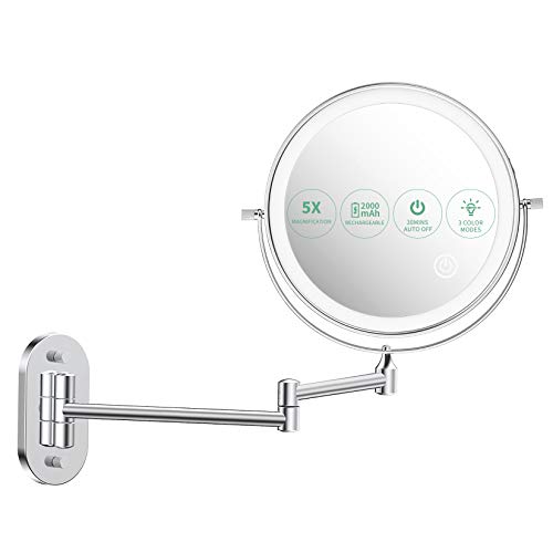 alvorog Espejo Maquillaje con Luz LED, Espejo de Pared con 3 Modos de Luz y Aumento 1x/5x, 8u0094Espejo de Baño con Luz Ajustable, Rotación de 360u00b0, 0.5h Apagado Inteligente y Recargable USB - Plata
