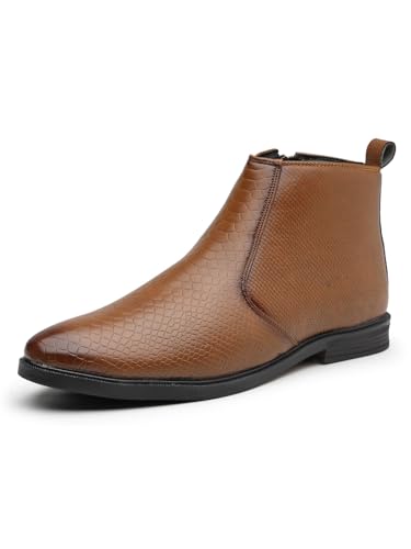 Acteo Men's Vegan Leather Chelsea Boots – Classic Almond Toe Ankle Boots with Textured Finish | Formal & Smart Casual Boots Tan UK 7