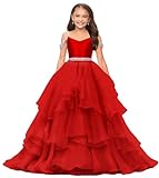 Off Shoulder Pageant Dress Organza Flower Girl Dresses for Wedding Puffy Pageant Ball Gowns for Girls Red-8