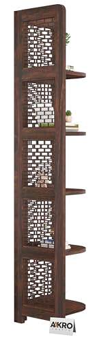 Image of Sheesham Wood Brick Corner Shelf for Living Room Bedroom Home | CNC 5 Tier Corner Bookshelf | Wooden Ladder Bookcase Display Unit (Walnut Finish)