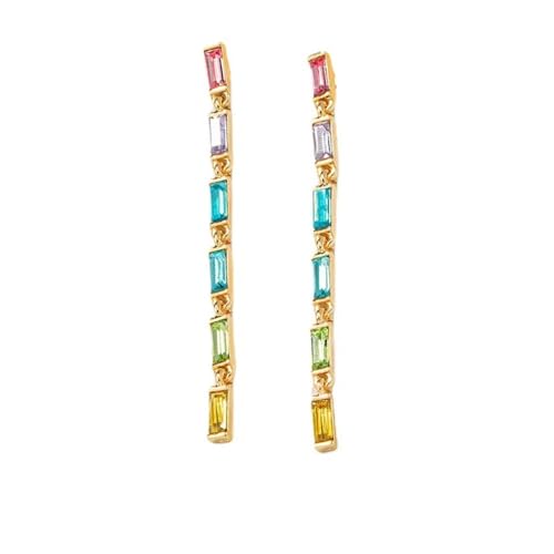 Pendientes de gota de oro y cristal de corte baguette multicolor, 7.5cm x 0.4cm, Cristal Cristal Chapado en oro, Crystal