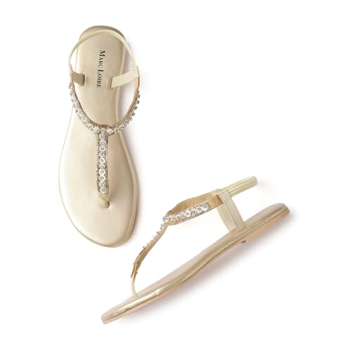 Marc Loire Embellished T-Strap Flat Fashion Sandals for Women (Gold, UK Footwear Size System, Adult, Women, Numeric, Medium, 4) Deal