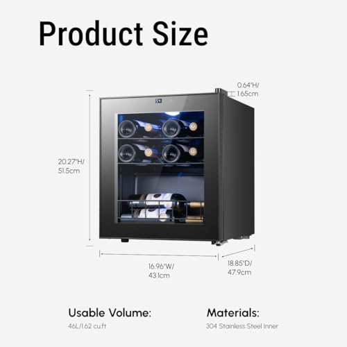 Image of Yeego Wine Fridge, 12 Bottles Wine Cooler Refrigerator, 38-65℉ Freestanding Mini Fridge with Glass Door, Freestanding /Under Counter Wine Cooler for Home, Kitchen, Office, Dorm